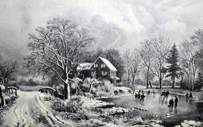 Illustratie van Currier & Ives 19e Eeuw. Vroege Winter